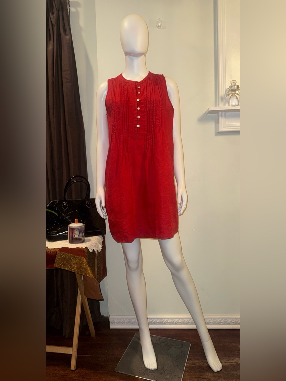 Quince Red Sleeveless Pintuck Shift with Button Placket